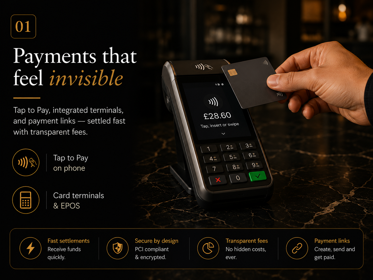 KorePOS payment screen with Tap to Pay and card checkout