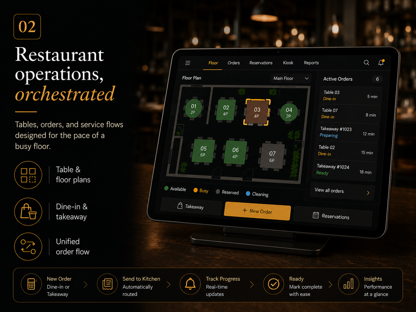 KorePOS restaurant floor plan and table service operations