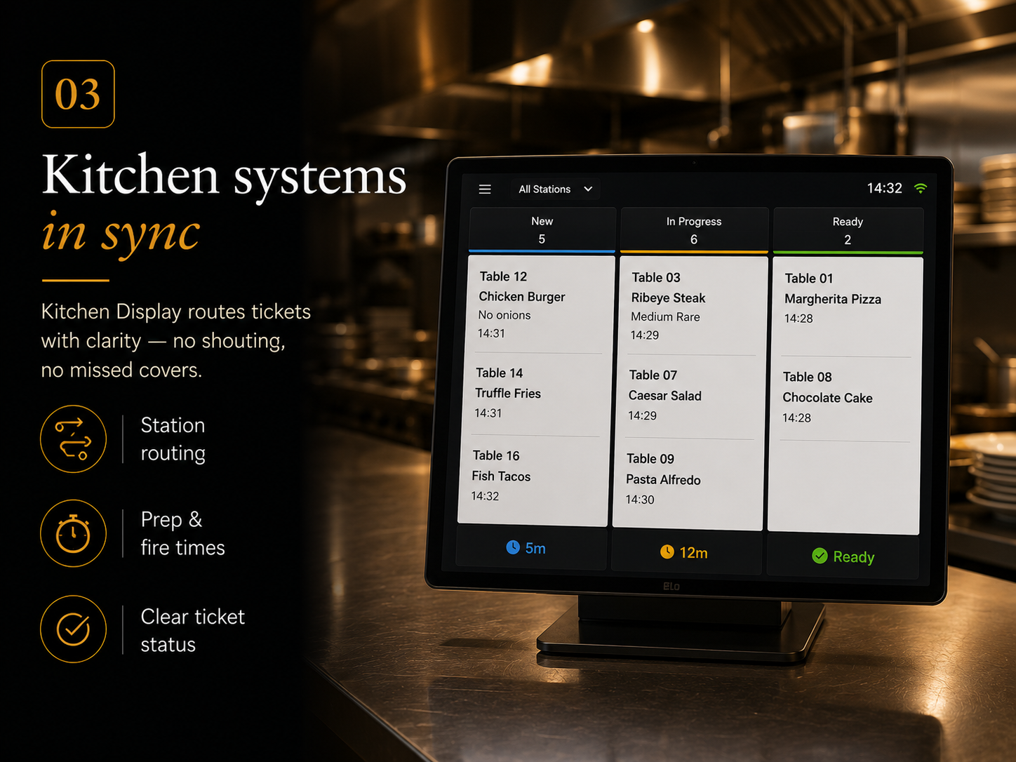 KorePOS kitchen display with live order tickets