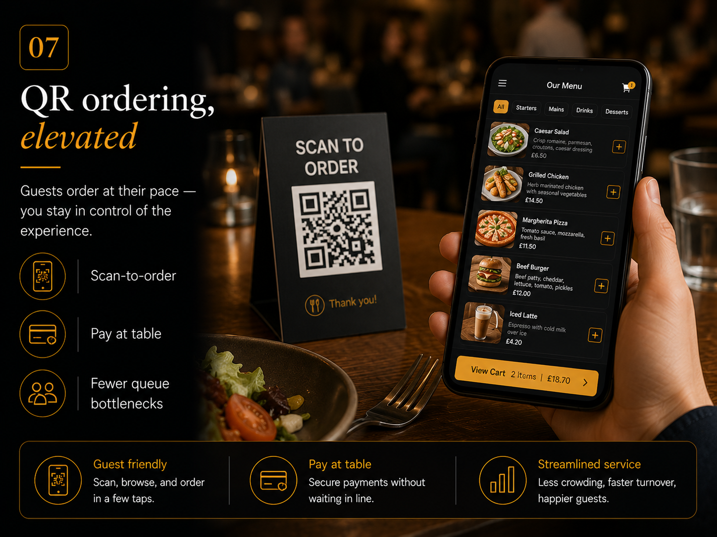 KorePOS QR ordering flow for guest scan-to-order and pay at table